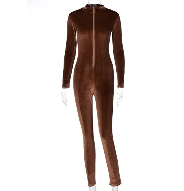 Women Long Sleeve Skinny Jumpsuit Ladies Autumn Velvet Sexy Female Slim Zipper One piece Pants Solid Color Jumpsuits Brown - Shop at LoveMi