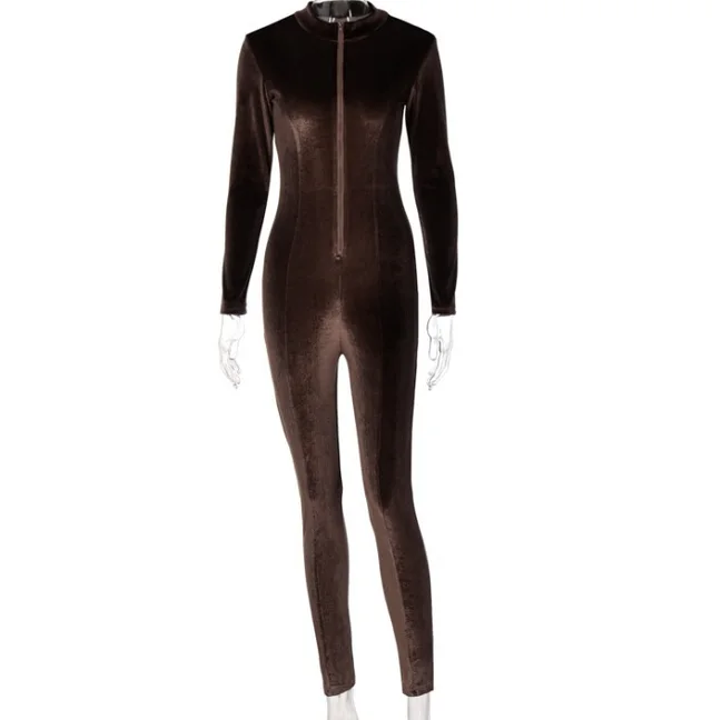 Women Long Sleeve Skinny Jumpsuit Ladies Autumn Velvet Sexy Female Slim Zipper One piece Pants Solid Color Jumpsuits Coffee - Shop at LoveMi