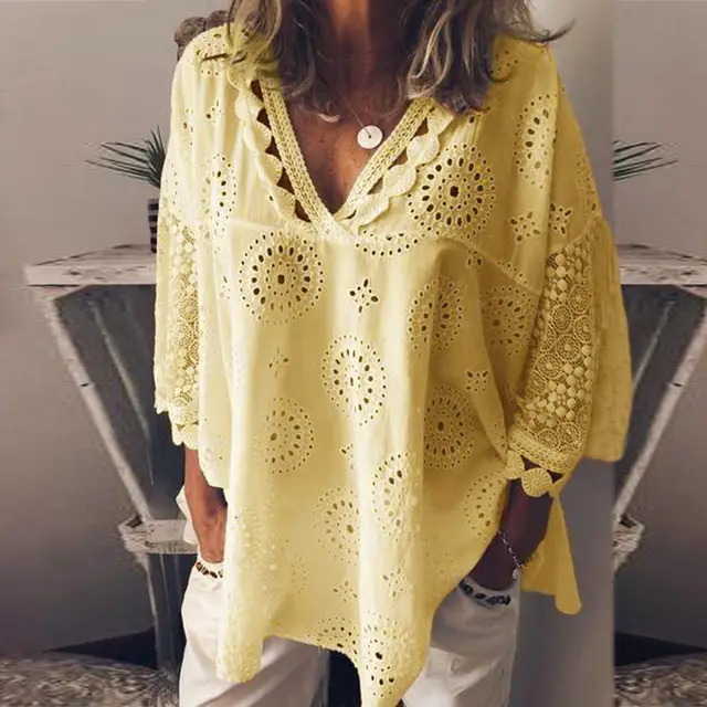 Women's Plus Size Casual Pierced Embroidery European And Beautiful Shirt Yellow - Shop at LoveMi