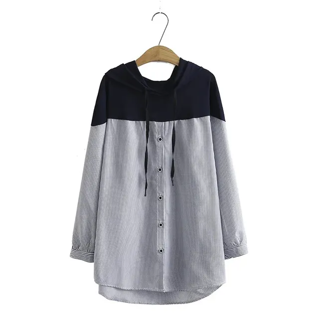 Plus Size Women's Plus Size MM Can Wear Striped Stitching Hooded Shirt Fashion Loose Casual A33 Blue - Shop at LoveMi