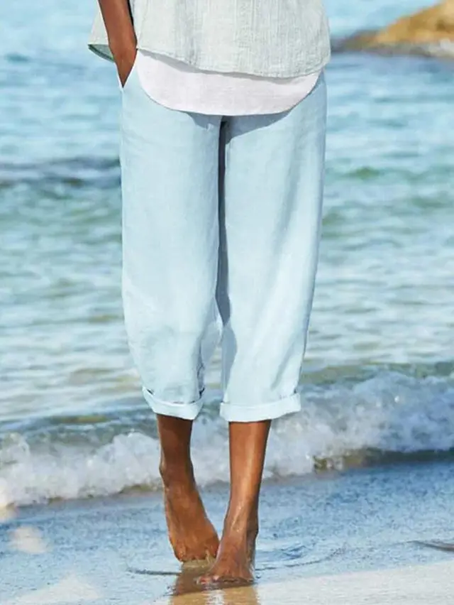 Linen Art All Match Loose Casual Solid Color Plus Size Pants Women Blue - Shop at LoveMi