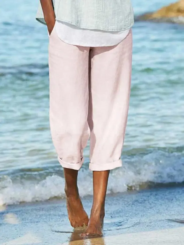 Linen Art All Match Loose Casual Solid Color Plus Size Pants Women Pink - Shop at LoveMi