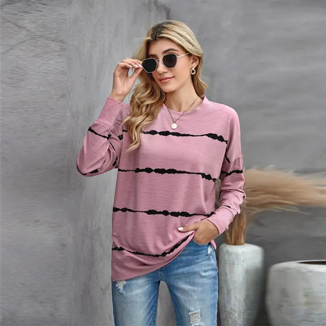 Women's Loose Long Sleeved Hoodless Striped Printed Sweater Pink - Shop at LoveMi
