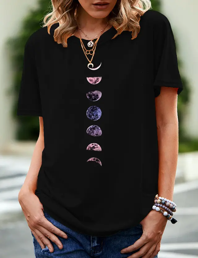 Women's Moon Print T Shirt Women Short Sleeves 1.Black - Shop at LoveMi