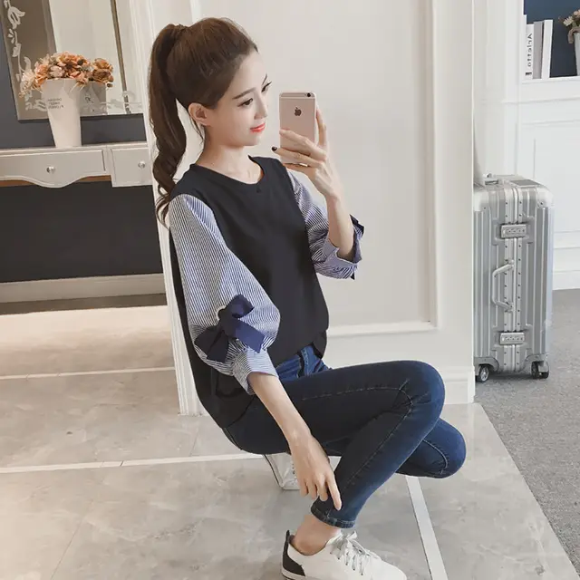 Casual Fake Two Loose And Versatile Striped Bottoming Shirt T shirt Black - Shop at LoveMi