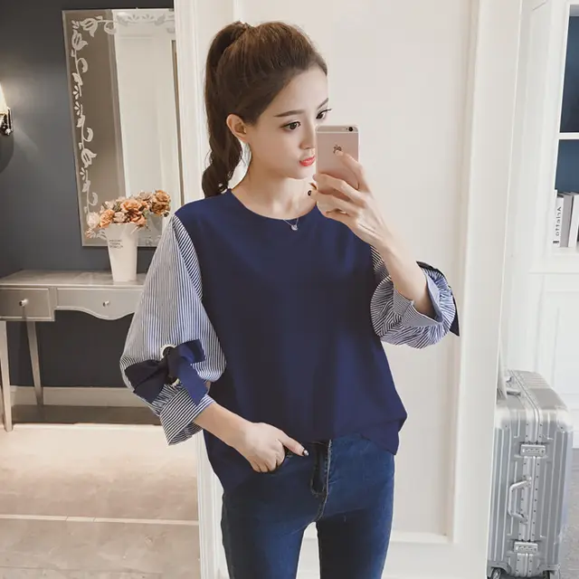 Casual Fake Two Loose And Versatile Striped Bottoming Shirt T shirt Blue - Shop at LoveMi