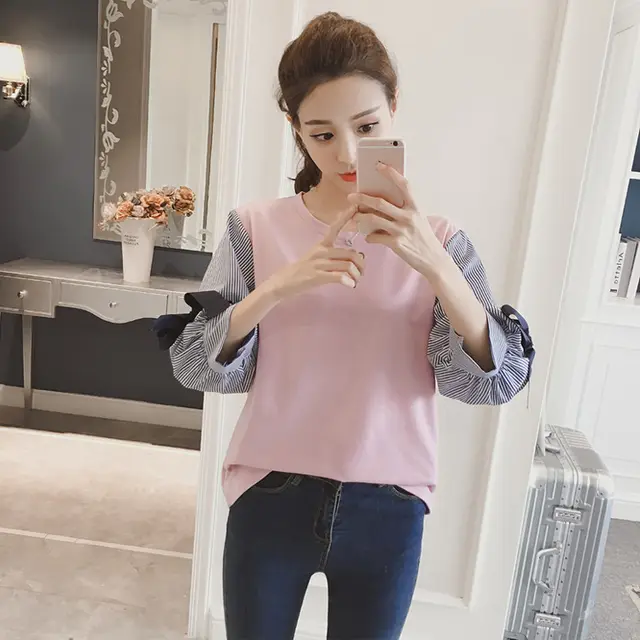 Casual Fake Two Loose And Versatile Striped Bottoming Shirt T shirt Pink - Shop at LoveMi