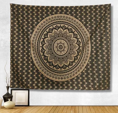 Tapestry Bedroom Hanging Cloth Mandala Flower Digital Printing Home Mural Curtain Black Gold Yellow Flower - Shop at LoveMi