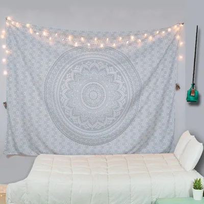 Tapestry Bedroom Hanging Cloth Mandala Flower Digital Printing Home Mural Curtain Silver White - Shop at LoveMi