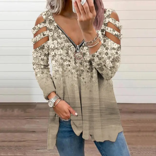 Small Floral V neck Zipper Off shoulder Long sleeved Top Khaki - Shop at LoveMi