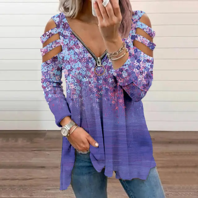 Small Floral V neck Zipper Off shoulder Long sleeved Top Purple - Shop at LoveMi