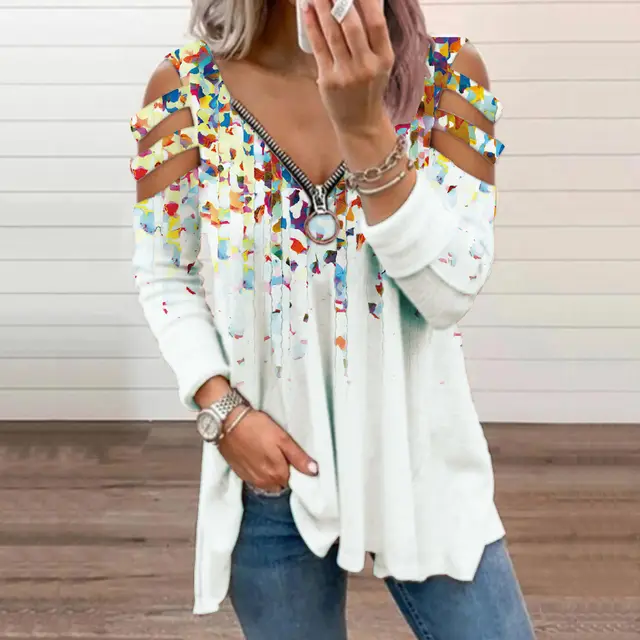 Small Floral V neck Zipper Off shoulder Long sleeved Top White - Shop at LoveMi