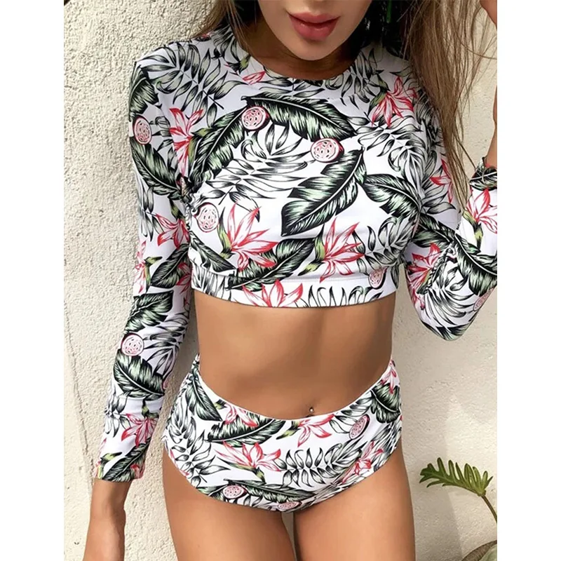 Bikini Long Sleeve Wetsuit Solid Color Swimsuit Sexy Split Printing M - Shop at LoveMi