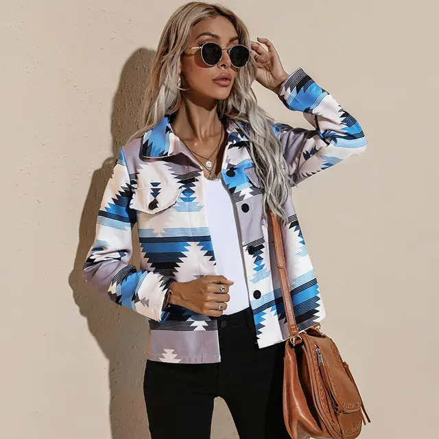Y2K Women Button down Cardigan Adults Printed Long Sleeve Turn down Collar Outerwear Blue - Shop at LoveMi