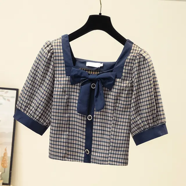 Large Size Women's Summer New Design Sense Niche Square Collar Short Puff Sleeve Top And Plus Size Sister Plaid Shirt Blue - Shop at LoveMi