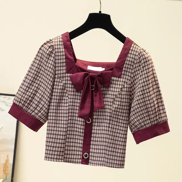 Large Size Women's Summer New Design Sense Niche Square Collar Short Puff Sleeve Top And Fat Sister Plaid Shirt Red - Shop at LoveMi