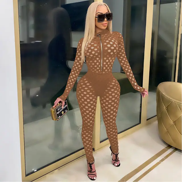 Fashion Sexy Hollow See Through Slim Fit Jumpsuit Brown - Shop at LoveMi
