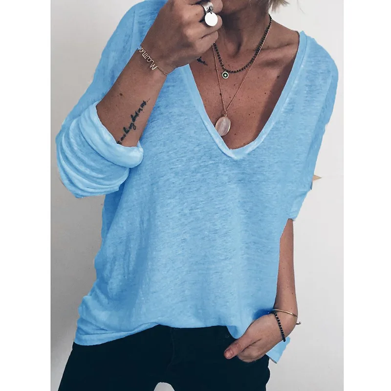 European And American Women's Casual Loose Long sleeved V neck Printed T shirt Blue - Shop at LoveMi