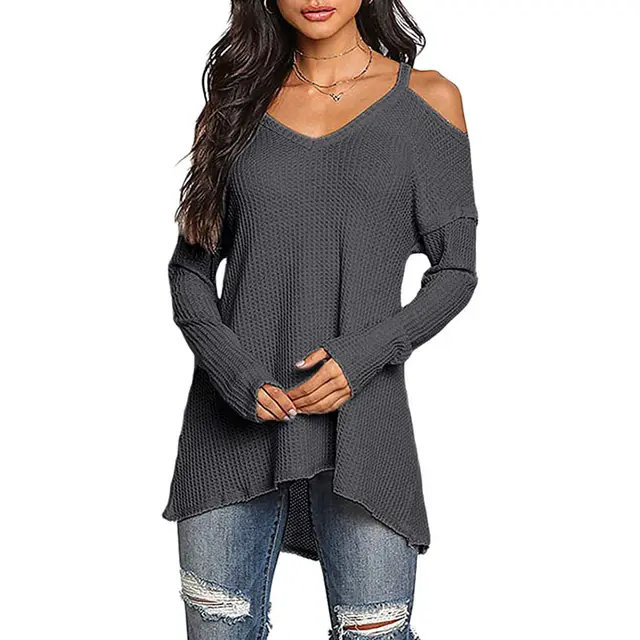 Off the shoulder V neck T shirt Top Bottoming Shirt Dark Grey - Shop at LoveMi