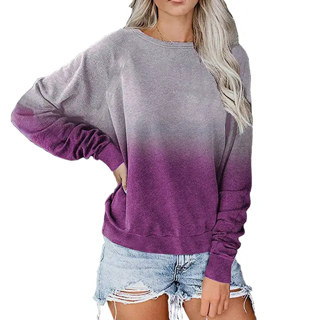 Gradient Color Pullover Long Sleeve T shirt Loose Sweatshirt Rose Red - Shop at LoveMi