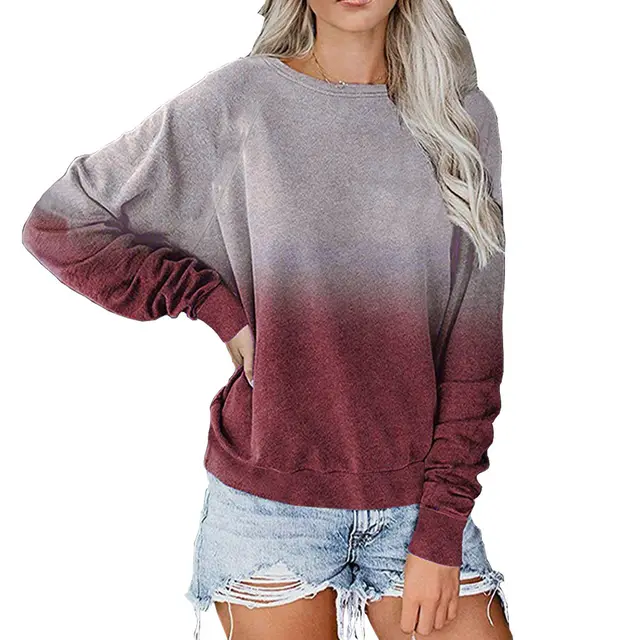 Gradient Color Pullover Long Sleeve T shirt Loose Sweatshirt Wine Red - Shop at LoveMi