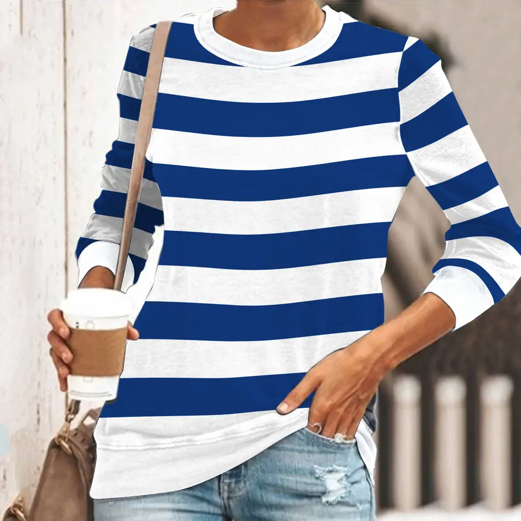 3D Printed Loose Casual Striped Round Neck Long Sleeve T-shirt - Qcx7991