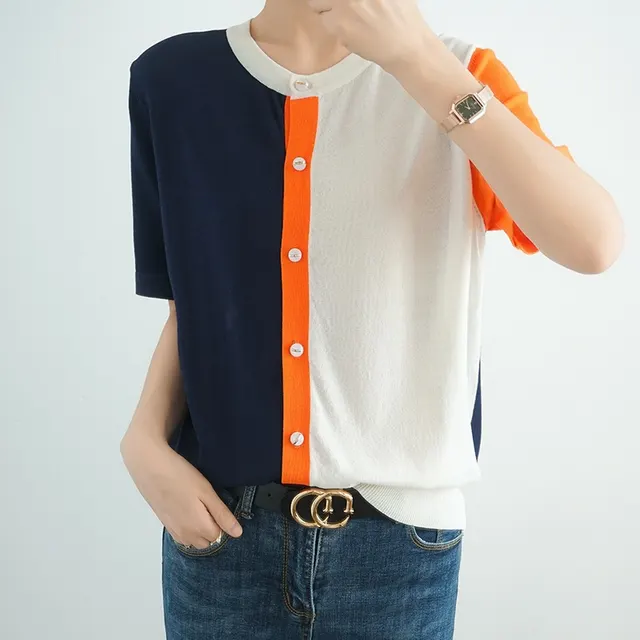 Color Block V neck Air conditioning Shirt Solid Color Short Coat Top Blue Orange - Shop at LoveMi