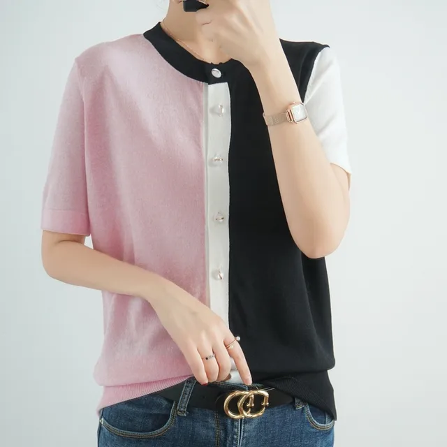 Color Block V neck Air conditioning Shirt Solid Color Short Coat Top Pink White - Shop at LoveMi