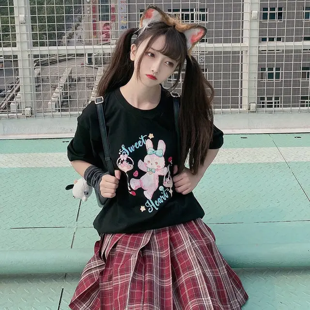 Bunny Print Loose T shirt For Students Black - Shop at LoveMi