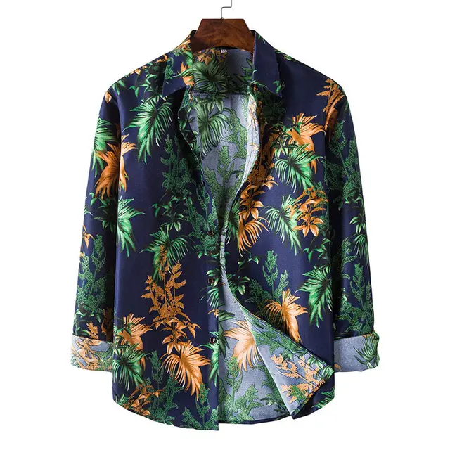 Fall New Large Size Men's Long sleeved Shirt Men's Fashion Hawaiian Flower Shirt Blue - Shop at LoveMi