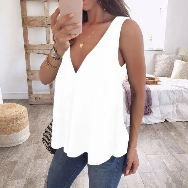 Deep V shaped Loose Solid Color Sleeveless T shirt White - Shop at LoveMi