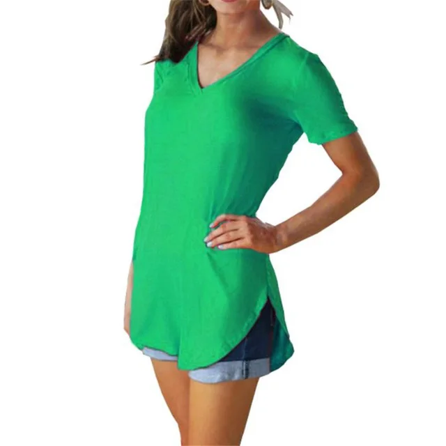 V neck Solid Color Loose Short sleeved T shirt Green - Shop at LoveMi