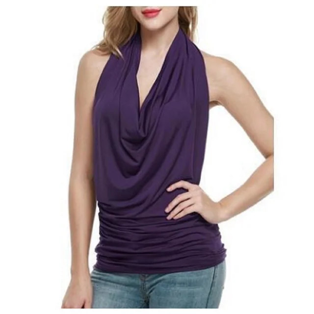 Slim Halter Sleeveless Deep V Swing Neck Halter Top Purple - Shop at LoveMi