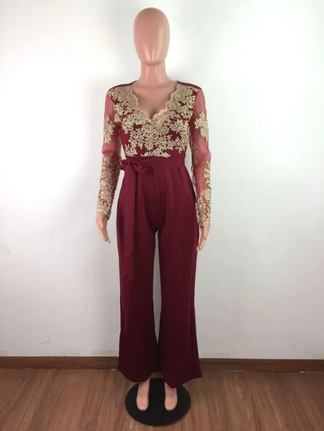 Autumn And Winter Hot selling Women's Casual Ladies Water soluble Lace V neck Long sleeved Wide leg Jumpsuit Wine Red - Shop at LoveMi