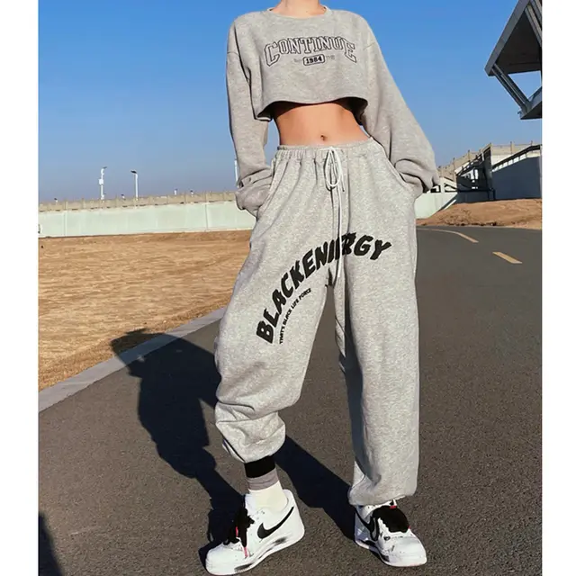 High Waist, Thin, Straight, Beamed Feet, Letter Print, Hip hop Street Dance Grey - Shop at LoveMi