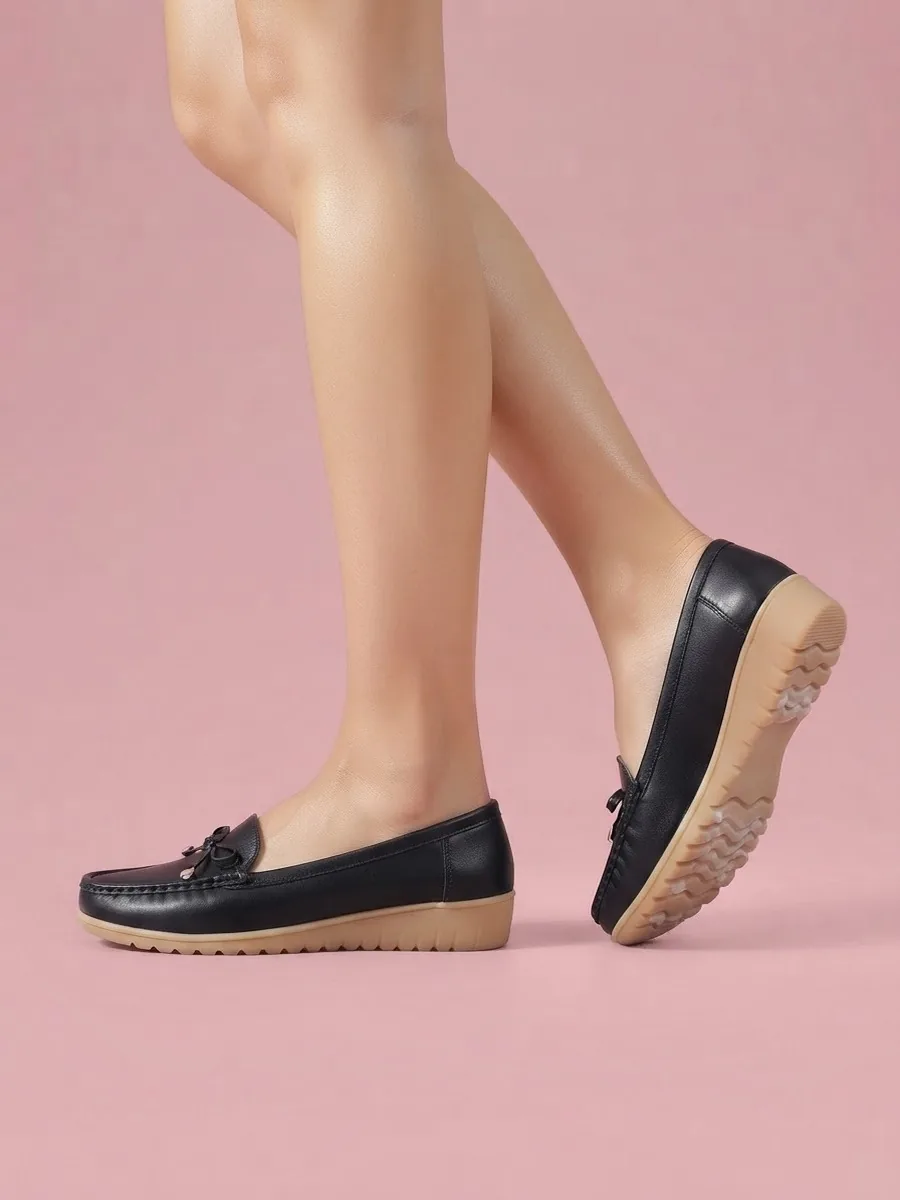 Leather Bow Loafers, Comfortable Shoes for Older Women - Black