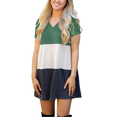 Beautiful Women's Color Matching V neck Loose T shirt Dress Green - Shop at LoveMi