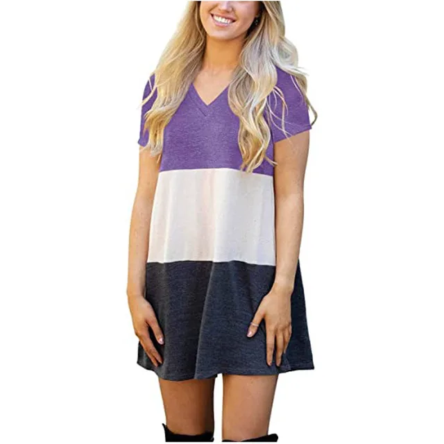 Beautiful Women's Color Matching V neck Loose T shirt Dress Purple - Shop at LoveMi