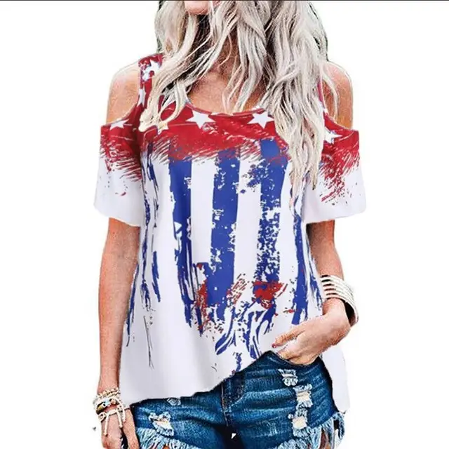 Star Print Off shoulder Short sleeved Plus Size T shirt Casual Top Red And Blue - Shop at LoveMi