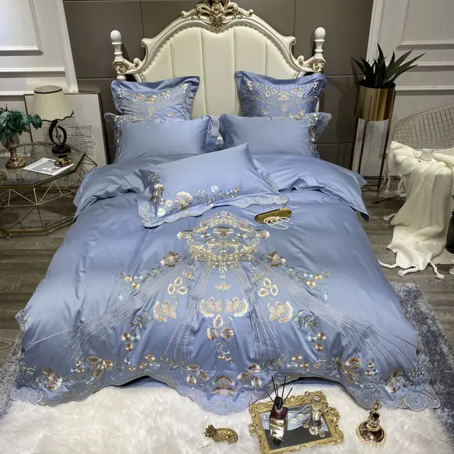 High end Palace Style Embroidery Long staple Cotton Bedding Grey Blue - Shop at LoveMi