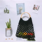 Hand-held Cotton Thread Bag Mesh Hollow Unlined Straw Bag - Black