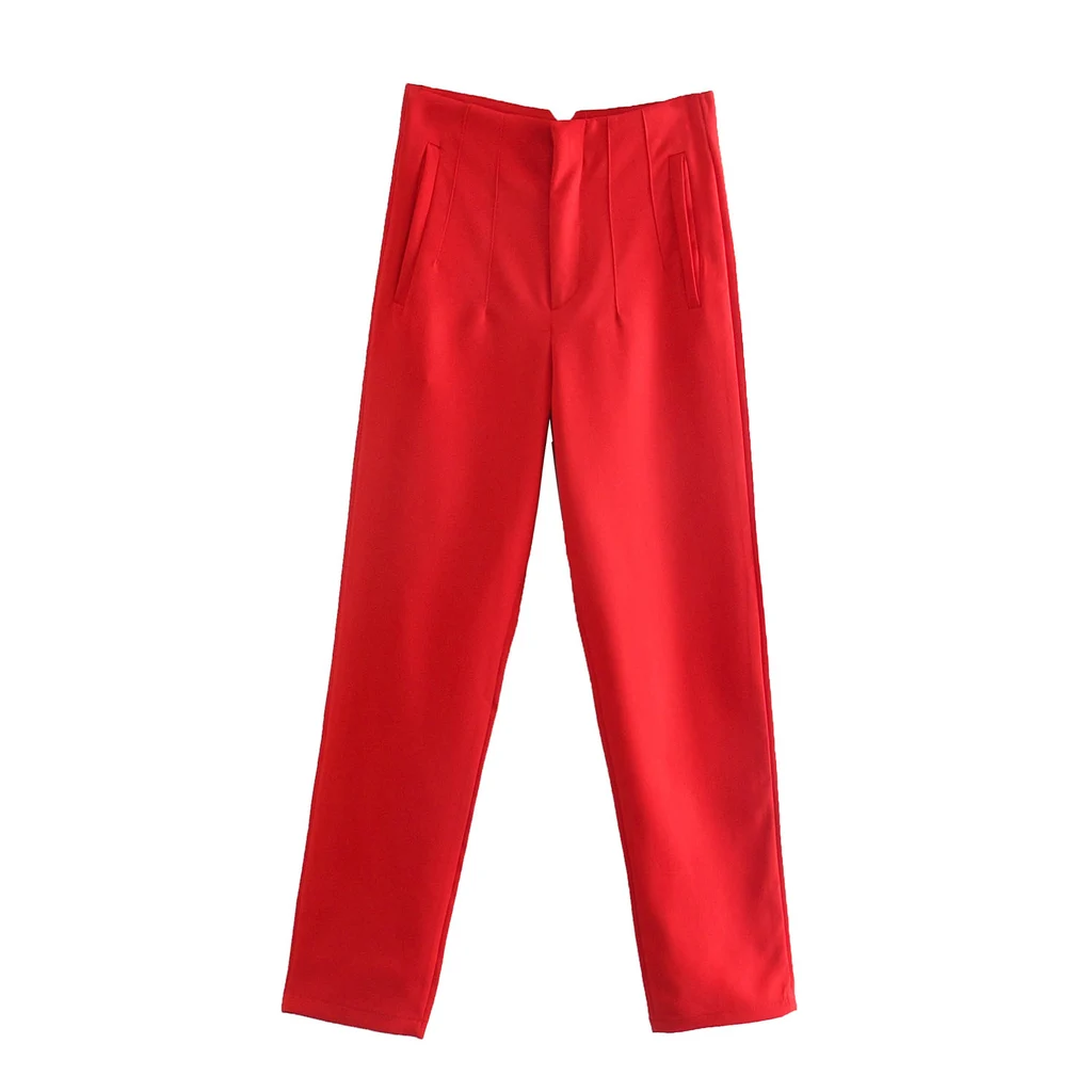 Summer New Style Women's High Waist Dark Buckle Pleated Solid Color Casual Pants - Red