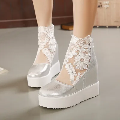 Lace Hollow Inner Heightening Waterproof Platform Slope Heel Sandals Silver - Shop at LoveMi