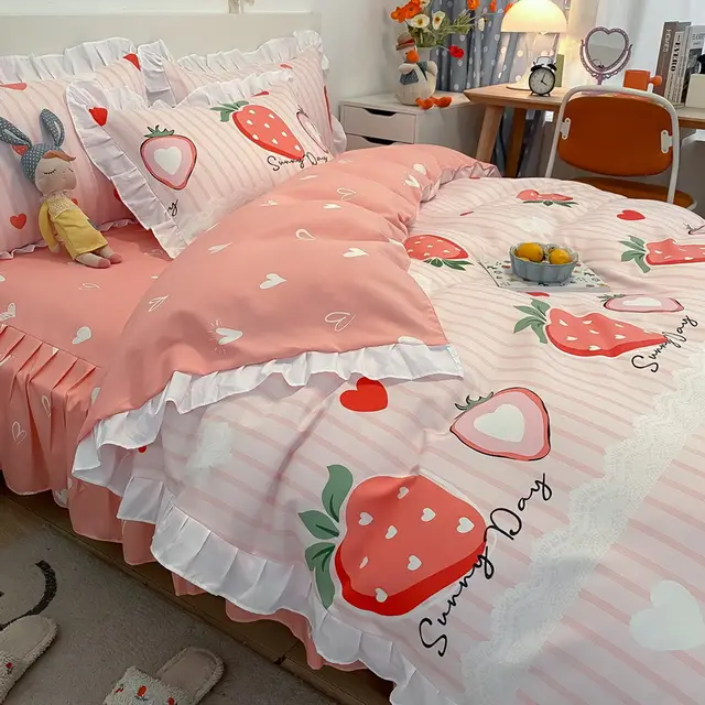 Four piece Set Of Korean Craft Style Princess Lace Bed Sweetheart Strawberry - Shop at LoveMi