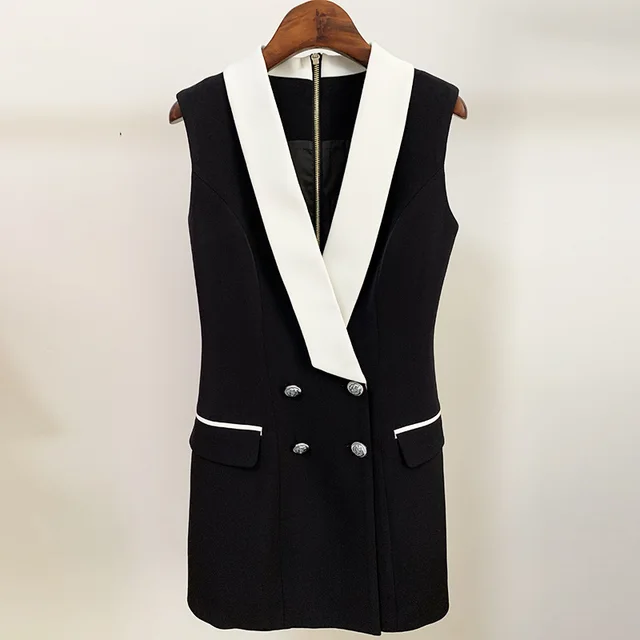 Trendy Business Wear Double breasted Contrasting Color Suit Collar Sleeveless Vest Dress Black - Shop at LoveMi