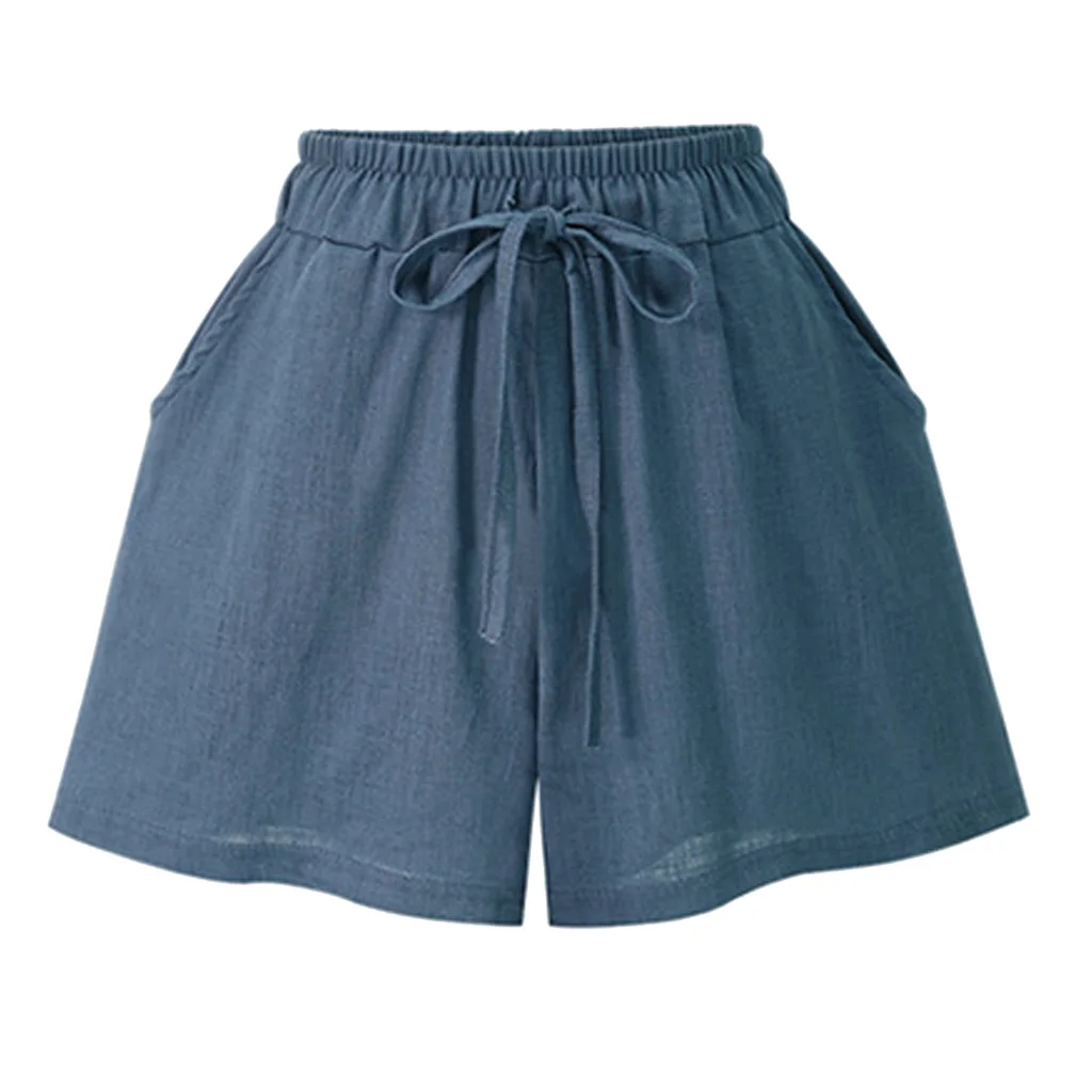 Plus Size Shorts Women's Summer Elastic Tight Waist Loose High Waist Wide Leg Casual Pants - Blue