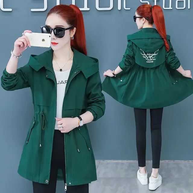 Korean Style Slim And Thin Temperament Autumn Windbreaker Women Mid length Student Jacket Women Dark Green - Shop at LoveMi