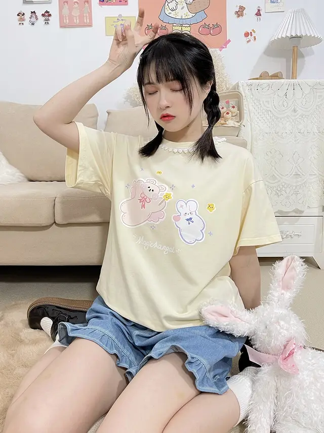 Flying Bear Soft Cute Girl Soft Sister Print Cute Lace Short sleeved T shirt Yellow - Shop at LoveMi