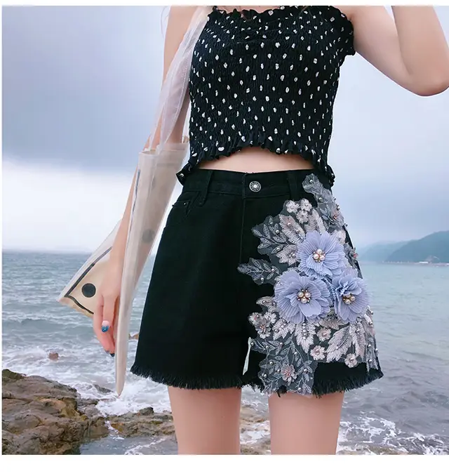 Pants Women's Spring And Summer New Heavy Industry Applique High Waist Denim Shorts Black - Shop at LoveMi