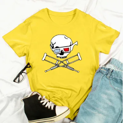 New Summer Skull Print Fashion Short Sleeved T Shirt Top Yellow - Shop at LoveMi